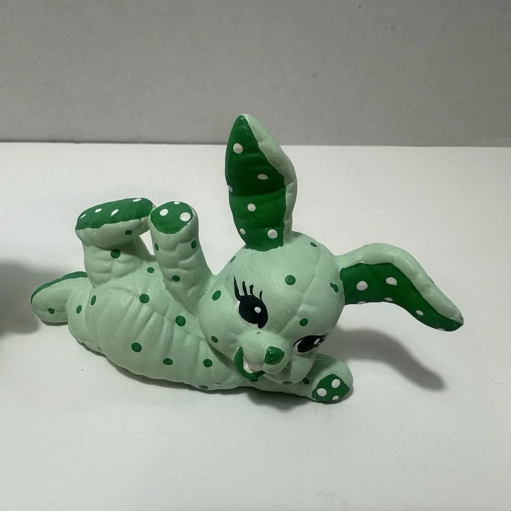 3 pc Ceramic Bunny Rabbit Figurines Big‎ Eyed Ears Stuffed Stitched Hand Painted